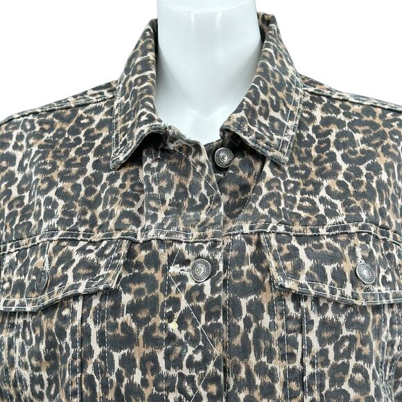 Free People Jacket Womens Small Brown Cheetah Print Denim Oversized Frayed Hem - Picture 2 of 10